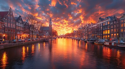 Amsterdam canal at sunset. Amsterdam is the capital and most populous city in Netherlands.