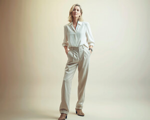 full length portrait of a beautiful mature woman, wearing casual style blouse and trousers standing on light background,