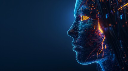 Side view of a humanoid head with blue and yellow eyes and vibrant neon neural network, representing futuristic technology and artificial intelligence. Generative AI