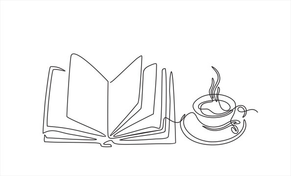recommend clip art: Continuous line drawing of book and coffee, vector illustration, one line