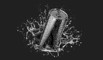 Blank black aluminum 280 ml soda can with drops splash mockup
