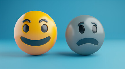 Fototapeta premium 3d rendering of two smiley face emoji faces, one is laughing and the other has an frown on its face. The background color should be light blue. One ball with yellow and black gradient colors is smilin
