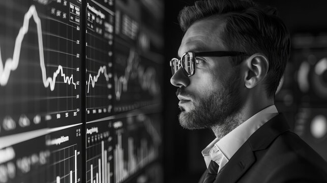 A private equity firm analyst preparing investment strategies on a chart board, side view, blending data and strategy, advanced tone, black and white
