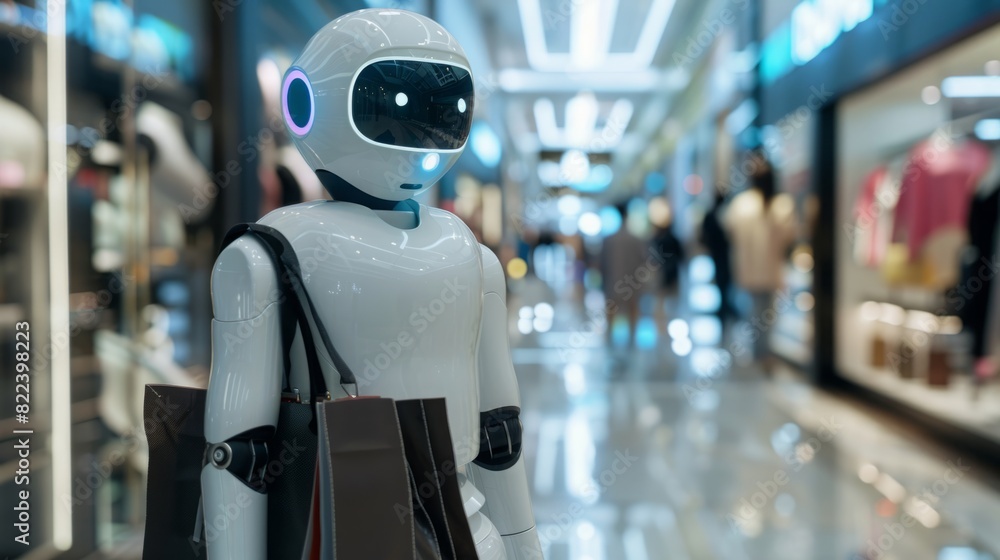 Poster a robot navigates through a busy mall while carrying a shopping bag.