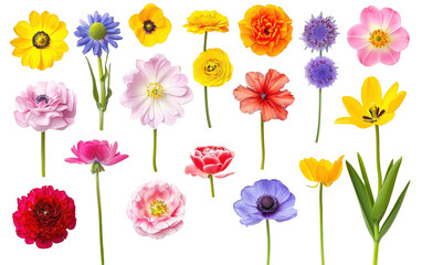 Set of different beautiful spring season flowers on white background,png