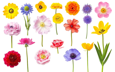 Set of different beautiful spring season flowers on white background,png