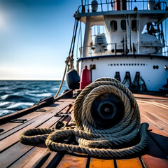 Obraz premium mooring rope and winch on the deck of a commercial ship mechanical,