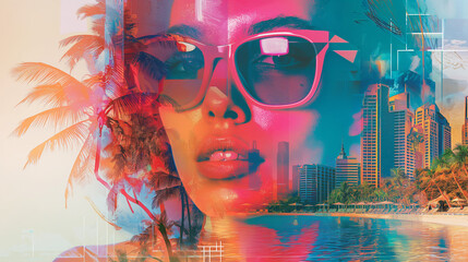 Double expose photo collage of a stylish Latinas woman in sunglasses and tropical beach landscape