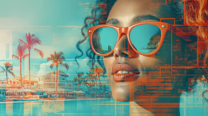 Double expose photo collage of a stylish African Latinas woman in sunglasses and tropical beach landscape