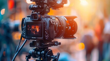 A video camera is securely fixed on a tripod for stable recording.