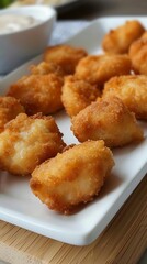 Photo of golden fried chicken nuggets laid out on a white platter