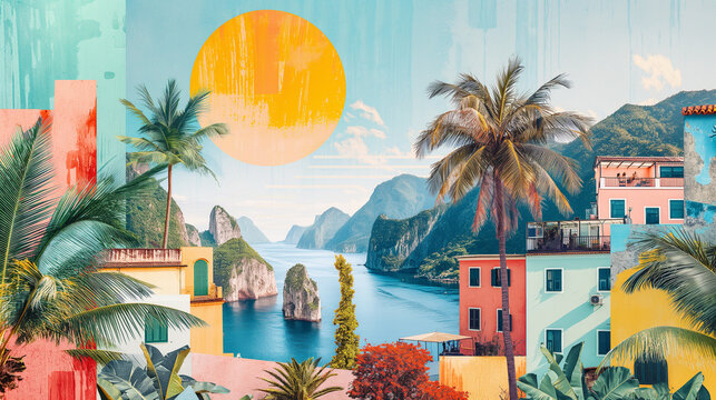 Trendy photo collage art of tropical city with colorful buildings and bright graphic elements