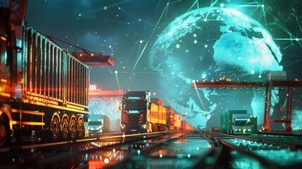 3D rendering of a global network of cargo trucks and ships, briefing on container logistics with the earth globe in the background. business logistics technology concept. double exposure