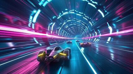 A futuristic racetrack where AI-driven vehicles speed through neon-lit tunnels against a backdrop...