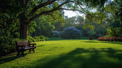 A serene park scene with a flowering Jacaranda tree providing shade, surrounded by lush green grass and blooming flowers, inviting relaxation and contemplation. List of Art Media Photograph inspired