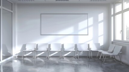 3D rendering of a white empty wall in a modern waiting room with chairs and a window, minimalist interior design