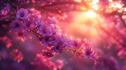 Close-up of Jacaranda tree branches laden with clusters of purple flowers, with sunlight filtering through the petals and creating a soft, ethereal glow. List of Art Media Photograph inspired by