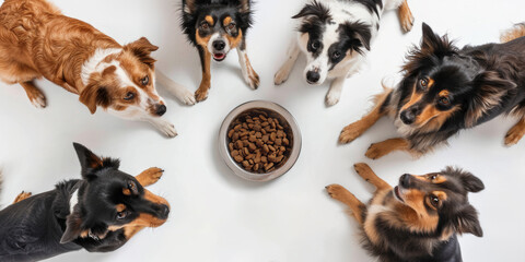 Top view of a group of dogs around bowl with pet food on white floor.