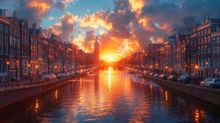Fototapeta premium Amsterdam canal at sunset. Amsterdam is the capital and most populous city in Netherlands.