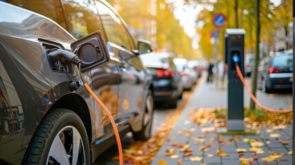Close-Up of a Single Plug Charging an Electric Vehicle at a Modern City Charging Station - Urban Sustainability and Green Energy.