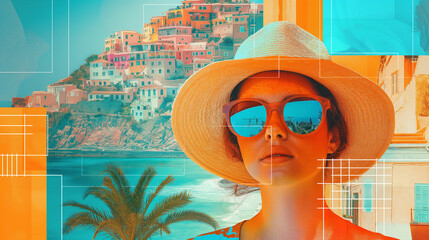 Photo collage art of a stylish young woman in sunglasses standing against tropical beach landscape mixed with colorful graphic elements