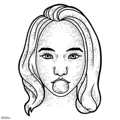 girl blows bubble gum sketch engraving PNG illustration. T-shirt apparel print design. Scratch board imitation. Black and white hand drawn image.