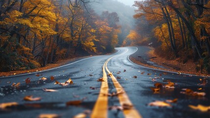 A winding road adorned with vibrant yellow lines amidst autumn foliage. Generative AI. - Powered by Adobe