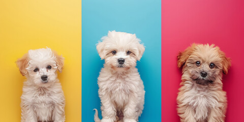 Row of maltese puppy on yellow blue and pink background. Maltipoo dog portrait on bright multi-colored background.