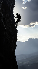 A rock climber scales a sheer cliff face, her silhouette defined against the sky. The mountain is a metaphor for life.