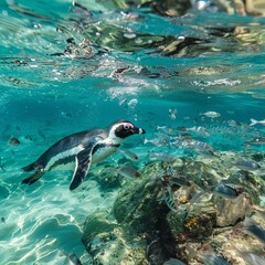 Naklejka premium A Galapagos penguin swimming in the clear waters of the islands, with fish swimming nearby