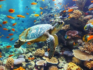 Obraz premium A green sea turtle swimming through a vibrant coral reef, with colorful fish and corals all around