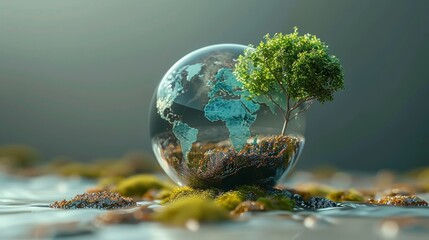 Globe Concept. World environment and earth day concept with glass globe and eco friendly environment, care, nature, concept, earth, eco, ecology, globe, global, environment. Generative AI.