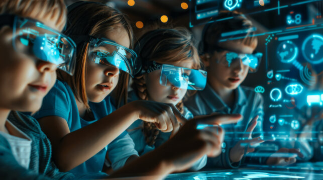 A group of children wearing virtual reality goggles are pointing at a screen