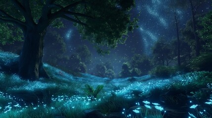 A lush forest filled with bioluminescent flora, casting an ethereal glow under the starlit sky. 32k, full ultra HD, high resolution