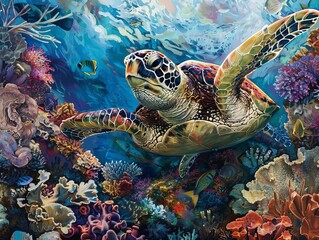 Obraz premium A Hawaiian green sea turtle swimming near a coral reef, with vibrant corals and fish around