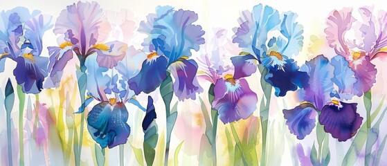 A kawaii watercolor of iris, each stroke capturing the essence of spring, in a whimsical village where every surface blooms