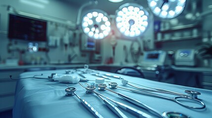 Fototapeta premium In on operating room, medical equipment, medical equipment, scalpels and other medical equipment, medical equipment shines due to the lights of the operating table. Generative AI.