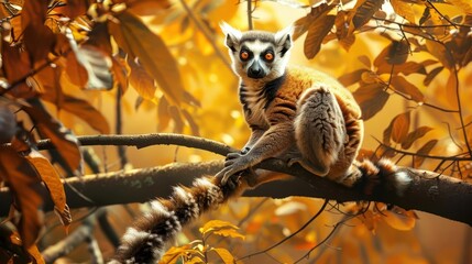 Naklejka premium A lemur sitting in a tree in Madagascar, with its tail curled around a branch