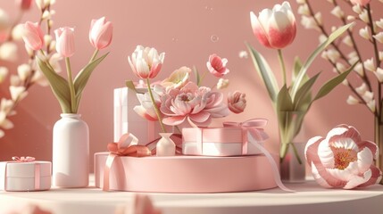A Mothers Day 3D product stand podium showcases handmade gifts and flowers, styled in minimalistic fashion, and doubling as a charming illustration template