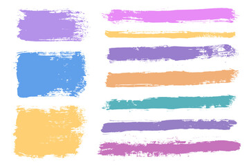 Brush strokes vector. Colorful backgrounds. Set of text boxes. Paintbrush collection. Grunge design elements. Dirty brush texture banners. Yellow, orange, blue and pink brush strokes