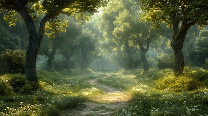 A winding path leading through a tranquil green forest, with towering trees on either side creating a canopy overhead. List of Art Media Photograph inspired by Spring magazine