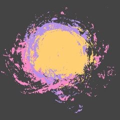 Colorful ink blot. Vector paint splatters. Artistic round text box. Yellow, purple, blue and pink background. Paint splash on dark backdrop