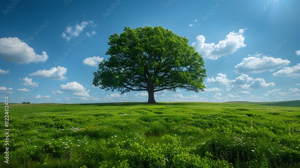 Wall mural a lone tree standing in a field of green grass, with a blue sky and fluffy white clouds in the backg