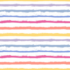 Vector stripe pattern. Colorful seamless background from brush strokes in rainbow colors. White, yellow, blue, purple, orange and pink stripes design. Distress painted texture