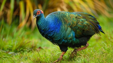 A Takahe bird walking through a grassland in New Zealand, with its bright blue and green plumage visible