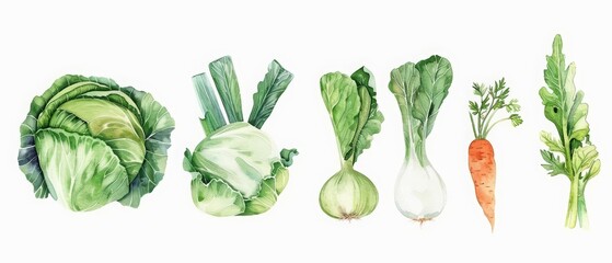 A set of watercolor art of cabbage and carrots, crisp and fresh from the garden, Clipart isolated concept minimal with white background