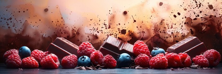 Berries and chocolate bars on dynamic backdrop