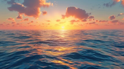 3d rendering of the sea level at sunset with small clouds in the sky.