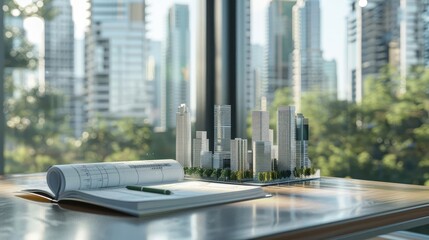 3d rendering of model city on table in office with green landscape background, building plans and books, blurred skyscrapers outside window, closeup