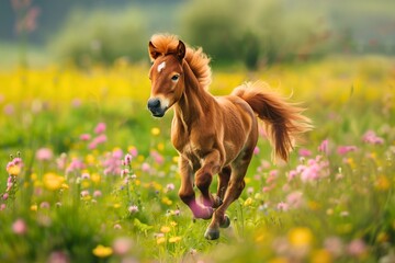 Obraz premium Dynamic scene captured as a pony gallops freely through a wildflowers